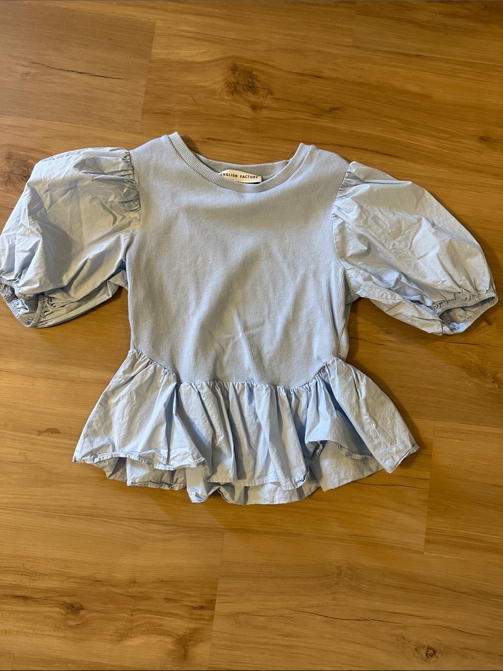 English Factory Baby Blue Puff Sleeve Peplum Top